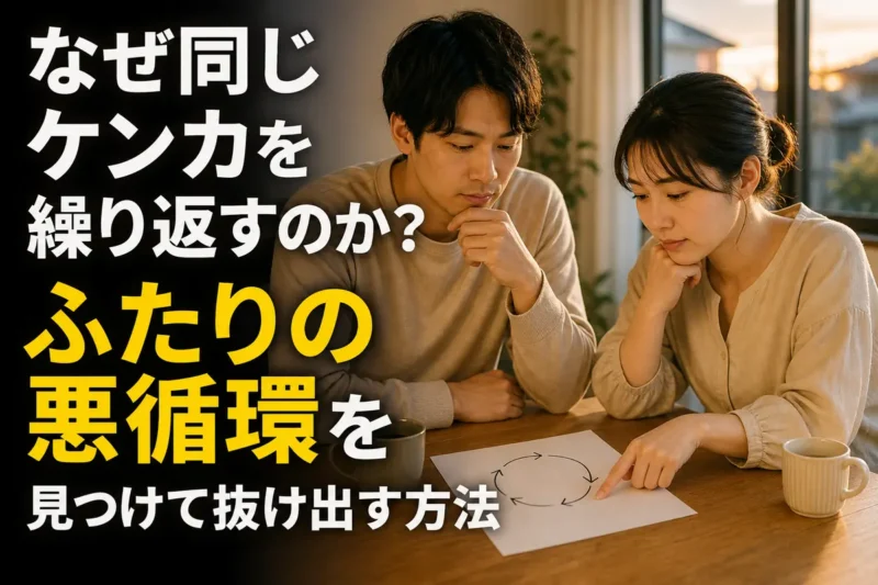 ケンカの悪循環を書き出しながら一緒に見直すパートナー。