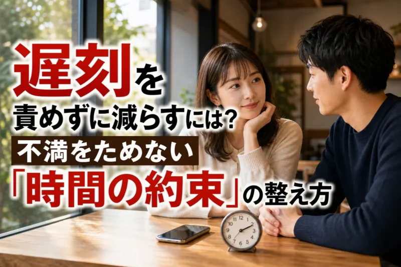 カフェで時計を前に穏やかに話し合うパートナー。