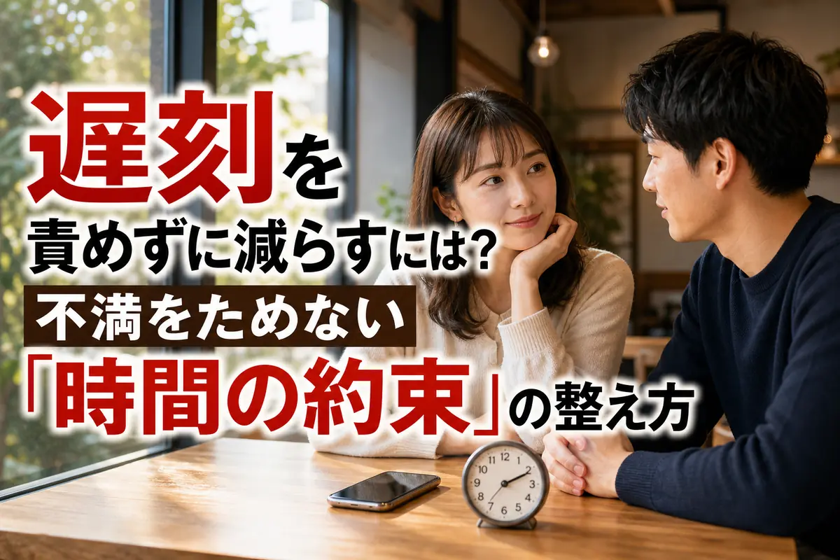 カフェで時計を前に穏やかに話し合うパートナー。