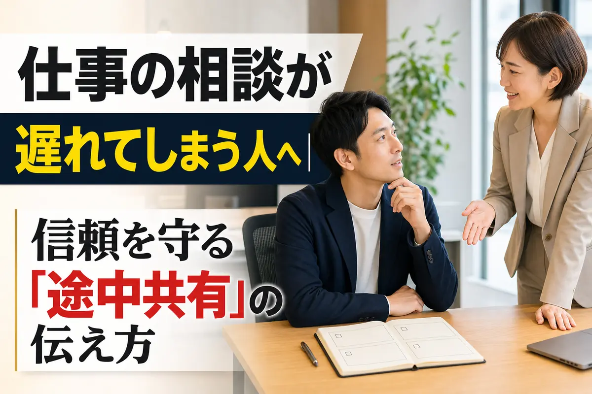 職場で同僚に早めの相談をする人の穏やかな会話風景。