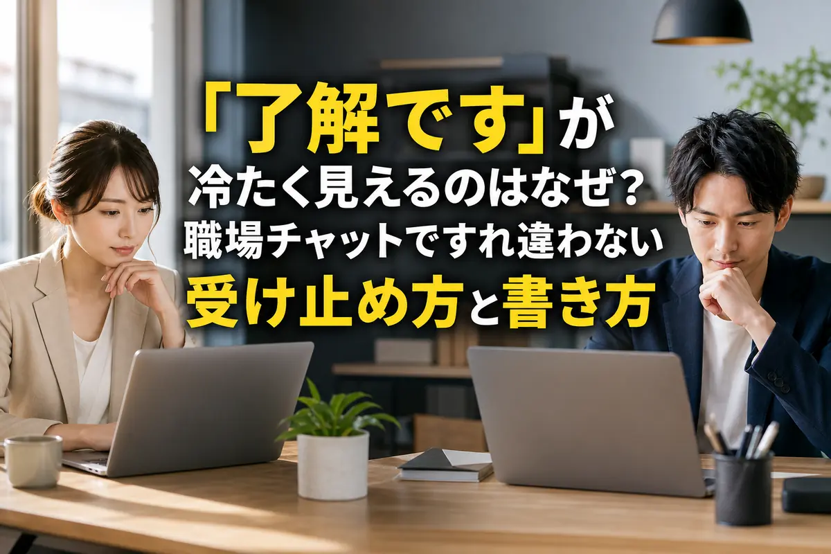 職場チャットの短い返信について落ち着いて考える二人の同僚。