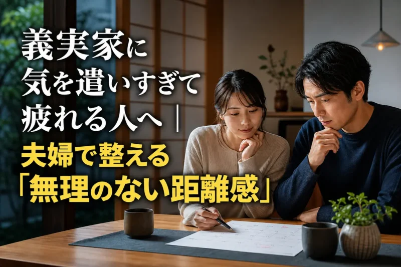 夫婦が自宅で義実家との予定と距離感について穏やかに話し合っている。