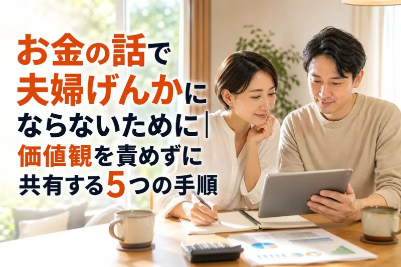 夫婦が食卓で家計の資料を見ながら落ち着いて話し合っている様子。