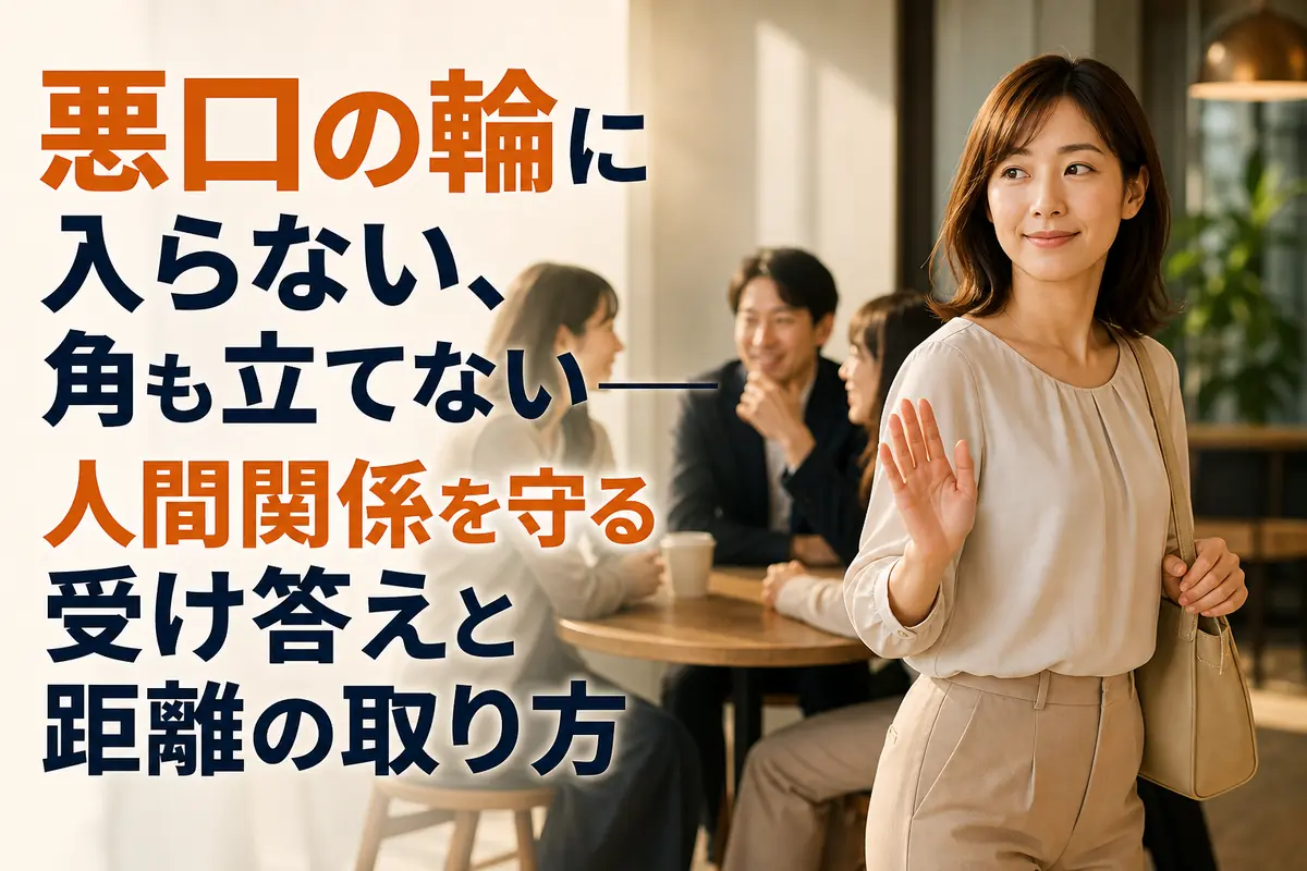 噂話の輪から穏やかに距離を取る人のイメージ。
