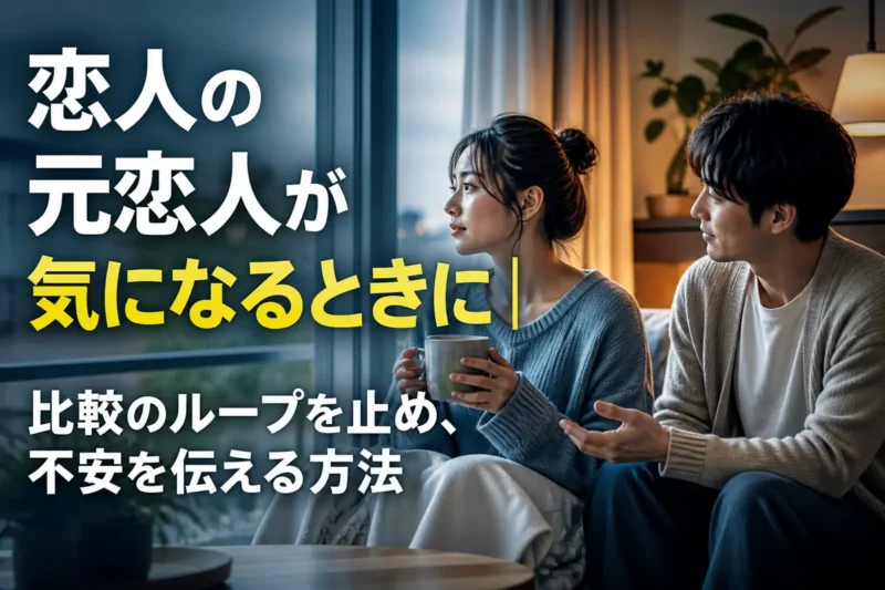 元恋人への嫉妬や不安を落ち着いて話し合うカップルのイメージ。