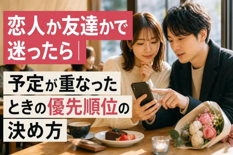 恋人同士がカフェで予定表を見ながら穏やかに話し合っている様子。