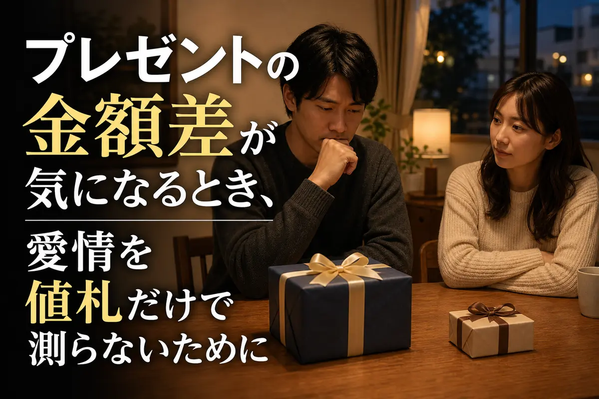 金額の異なる二つのプレゼントを前に、パートナーとの関係を静かに考える様子。