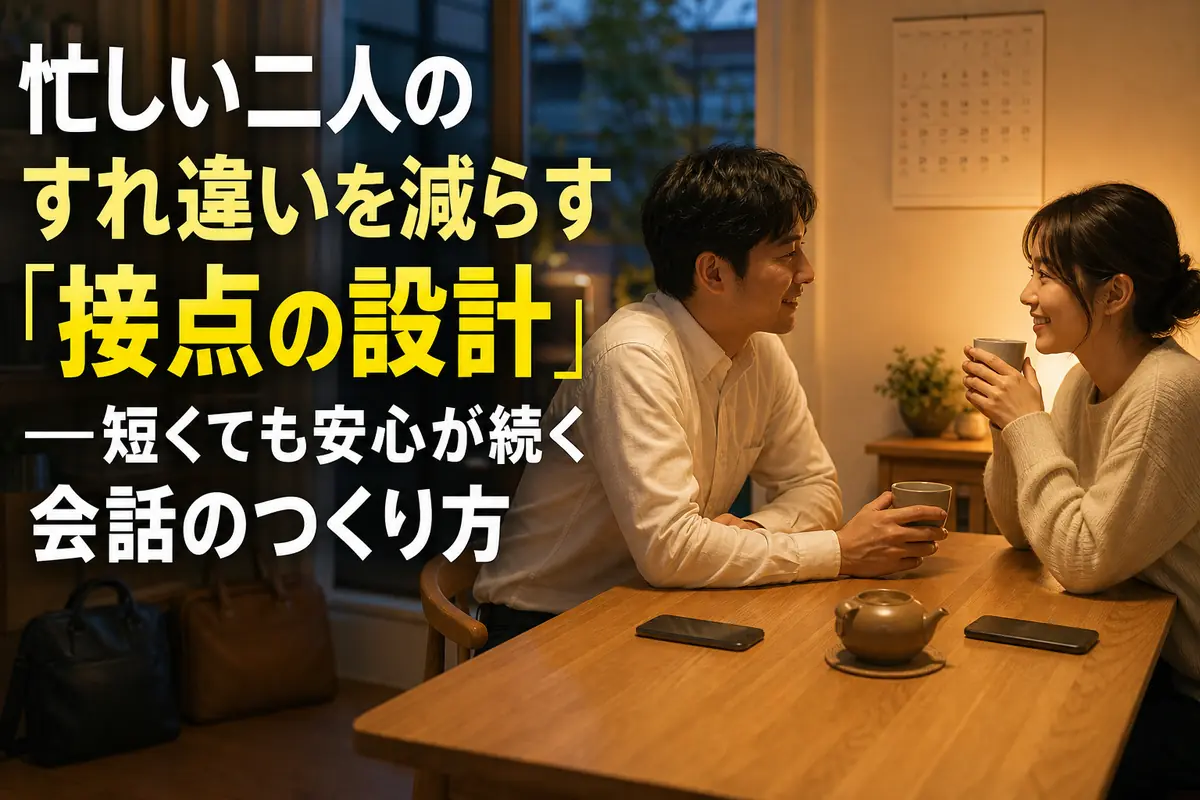 忙しい一日の終わりに、短い会話の時間を持つカップル。