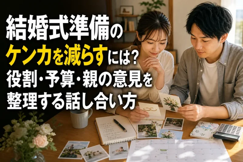結婚式の役割や予算について穏やかに話し合うカップル。