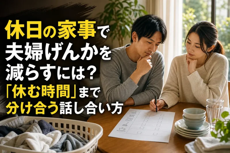 休日の家事と休む時間について相談する夫婦。
