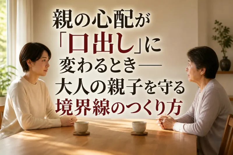 食卓で落ち着いて話し合う成人した子と親。
