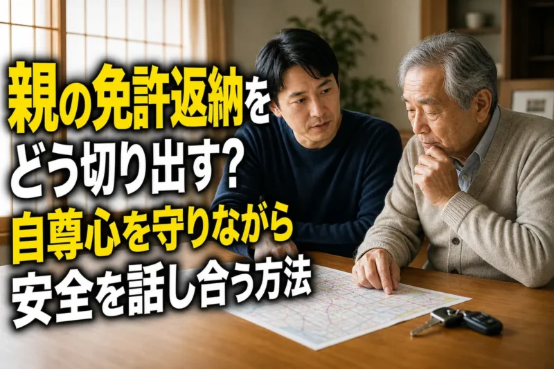親子が交通地図と車の鍵を前に落ち着いて話し合っている様子。