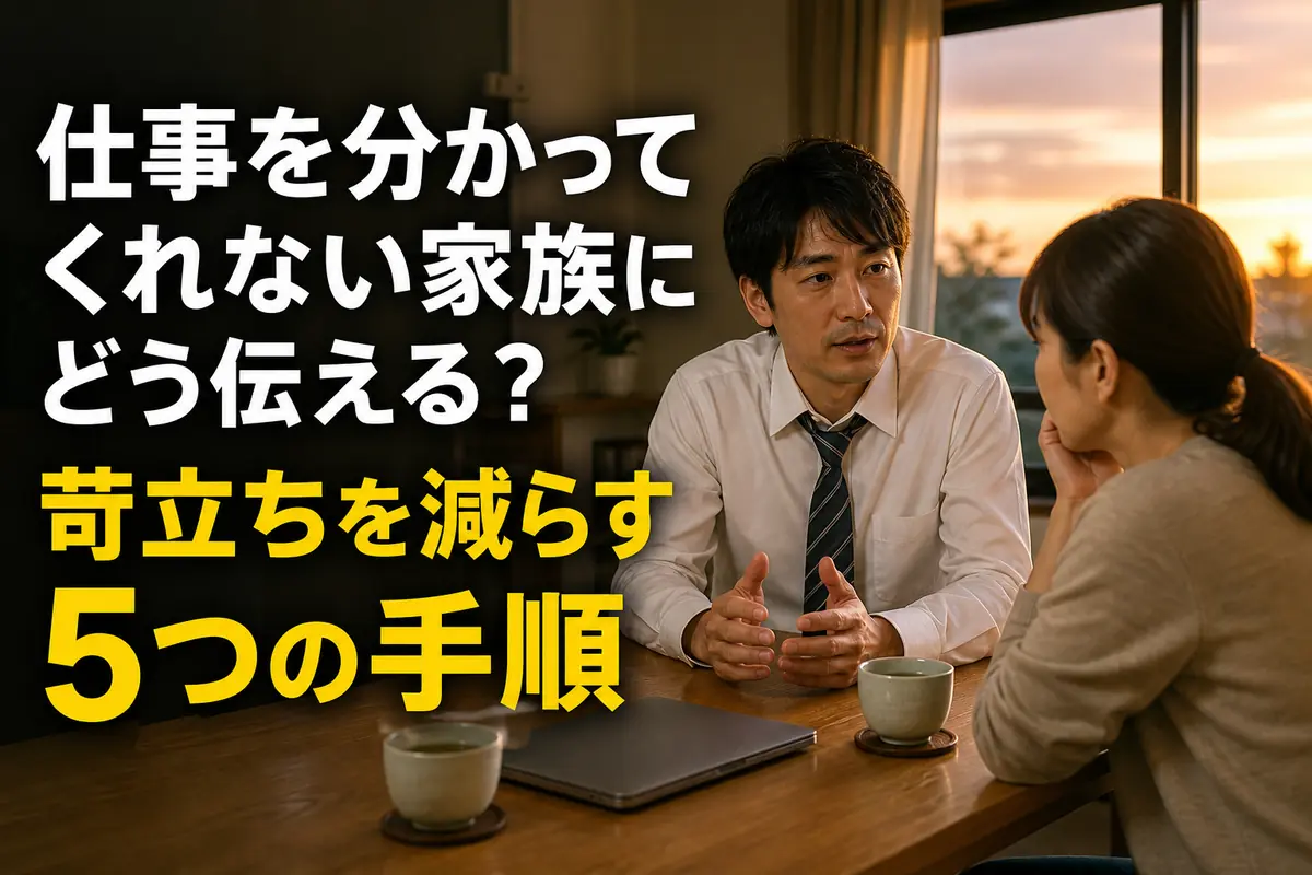 食卓で仕事について落ち着いて話し合う家族。