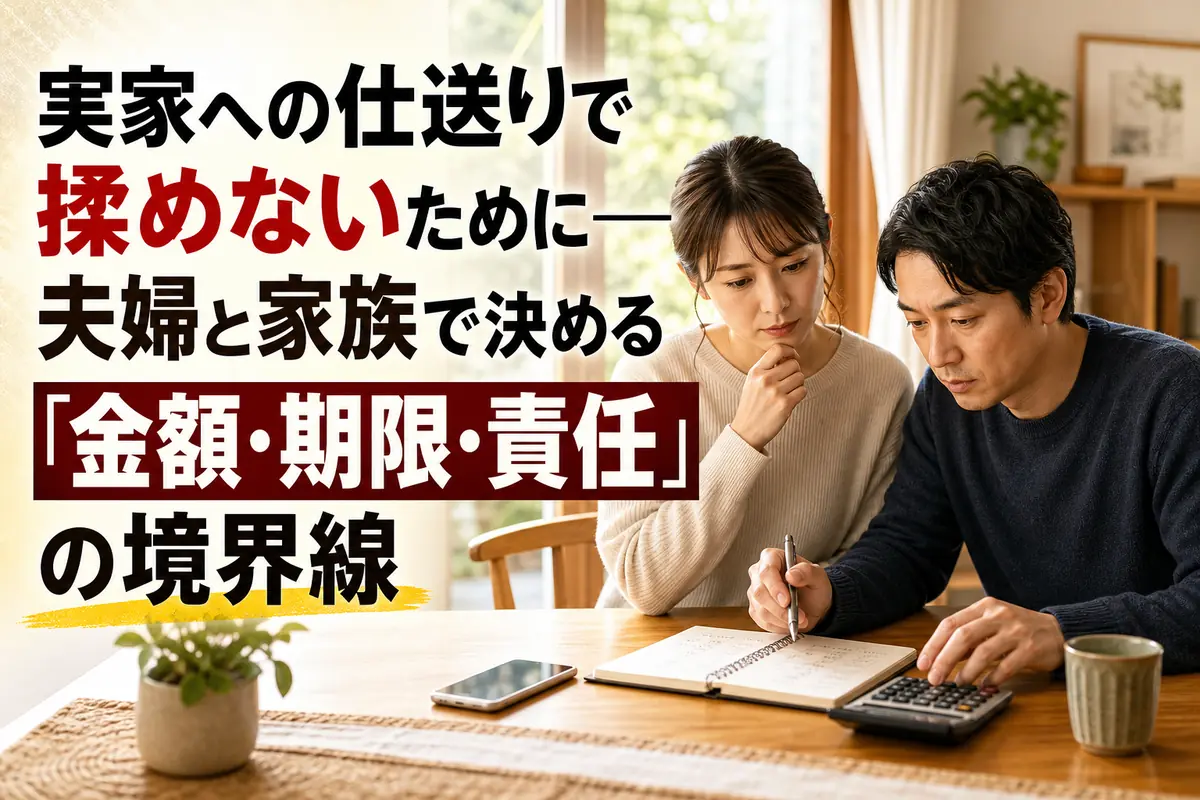 夫婦が食卓で家計資料を見ながら仕送りについて話し合っている様子。