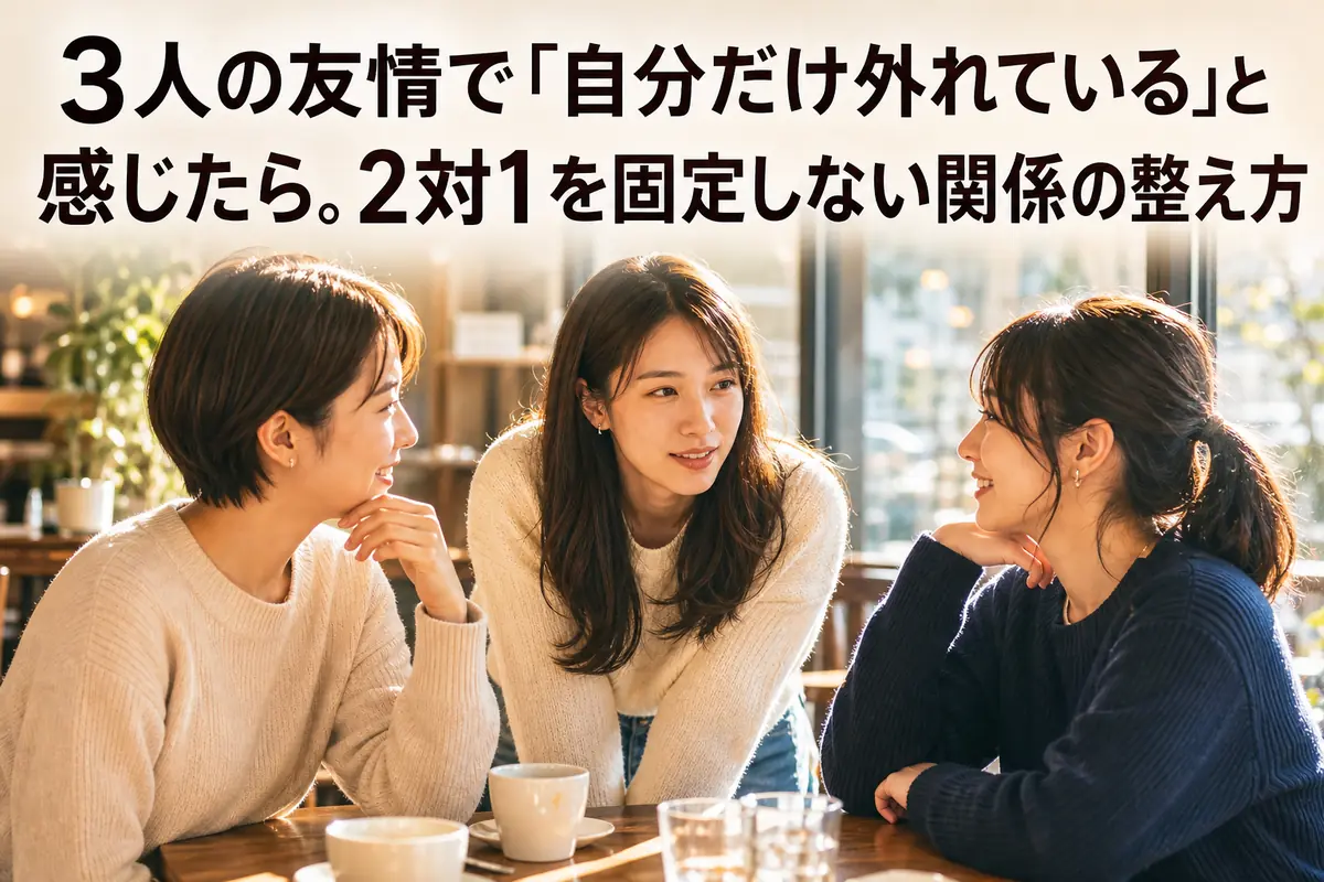 カフェで3人の友人が互いに向き合い、穏やかに会話している様子。