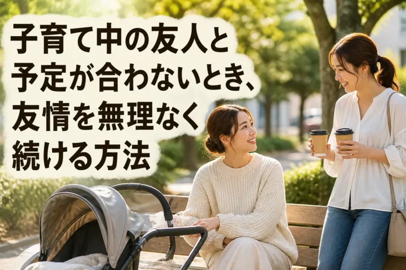 ベビーカーのそばで穏やかに話す二人の友人。