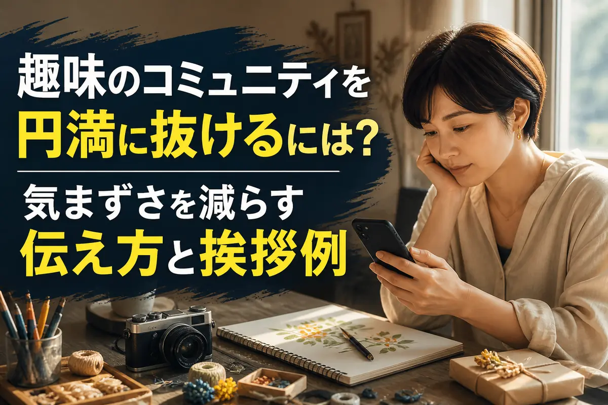 趣味の道具を傍らに退会の挨拶文を考える人。