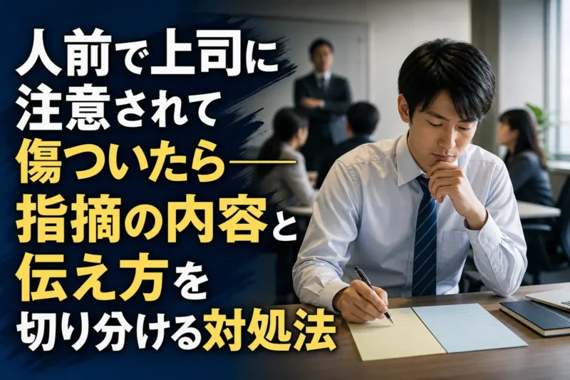 人前で注意された出来事を落ち着いて整理する会社員。