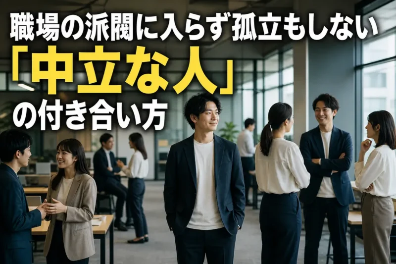 職場の複数のグループと穏やかな距離を保つ会社員の様子。