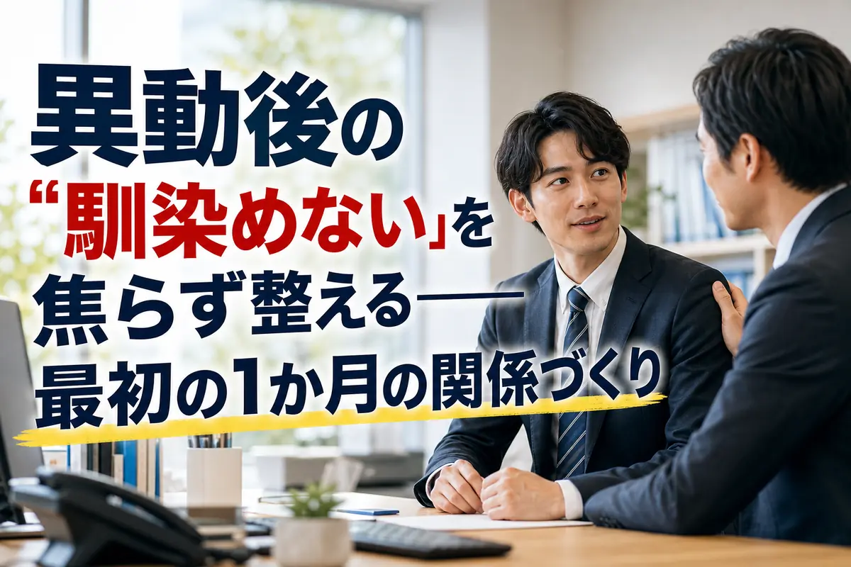 異動先の職場で同僚と穏やかに話す社員。