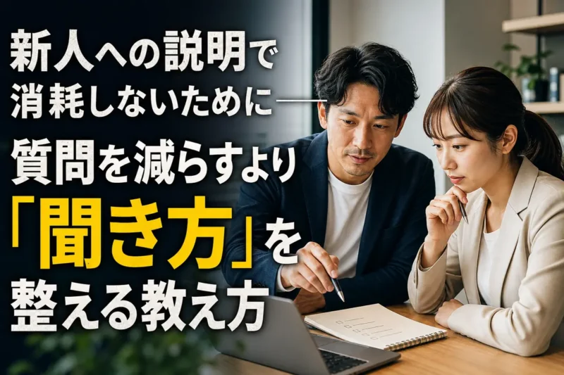 職場で先輩社員と新人がチェックリストを見ながら落ち着いて話している様子。