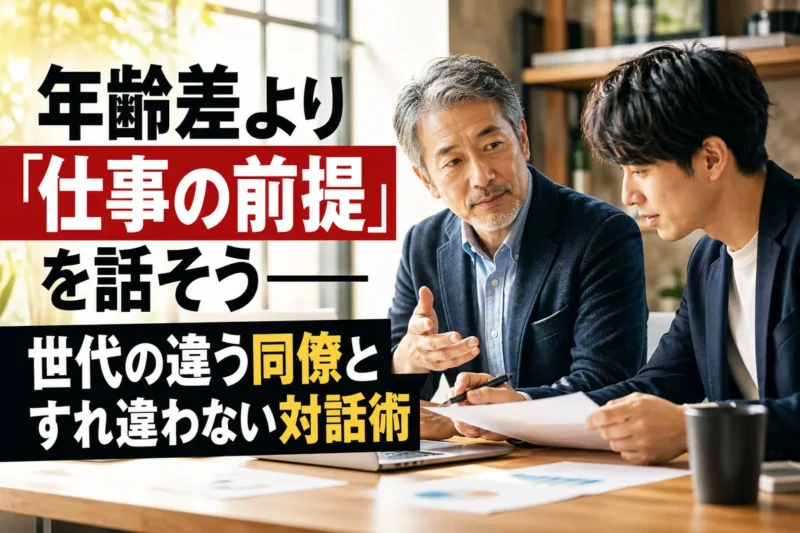 世代の異なる同僚が資料を見ながら落ち着いて話し合う職場の様子。