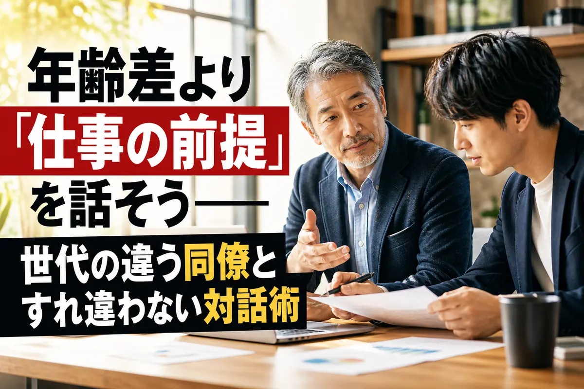 世代の異なる同僚が資料を見ながら落ち着いて話し合う職場の様子。