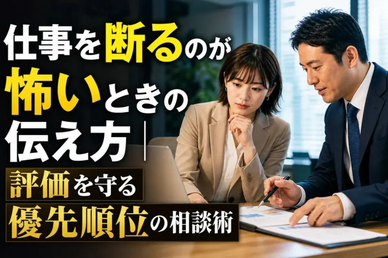 業務一覧を見ながら上司と優先順位を相談する会社員。