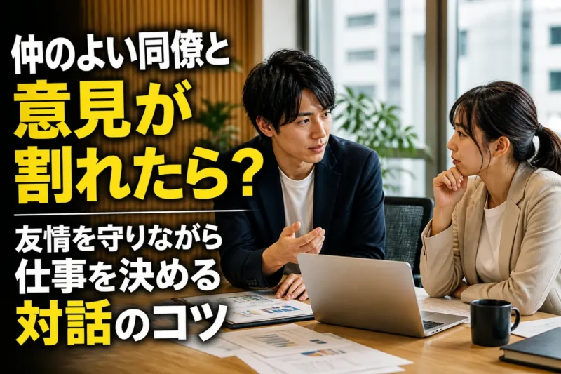 職場の友人同士が資料を前に落ち着いて意見を交わしている様子。