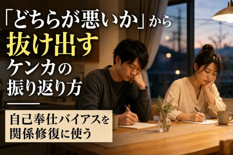 ケンカの後に別々のメモを取りながら落ち着いて振り返るパートナー。