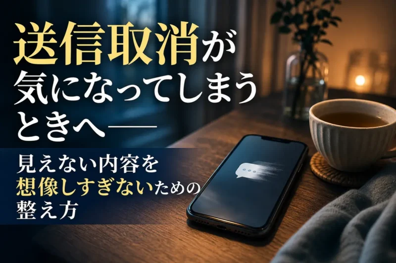 送信取消が表示されたスマートフォンを前に、落ち着いて気持ちを整理する場面。