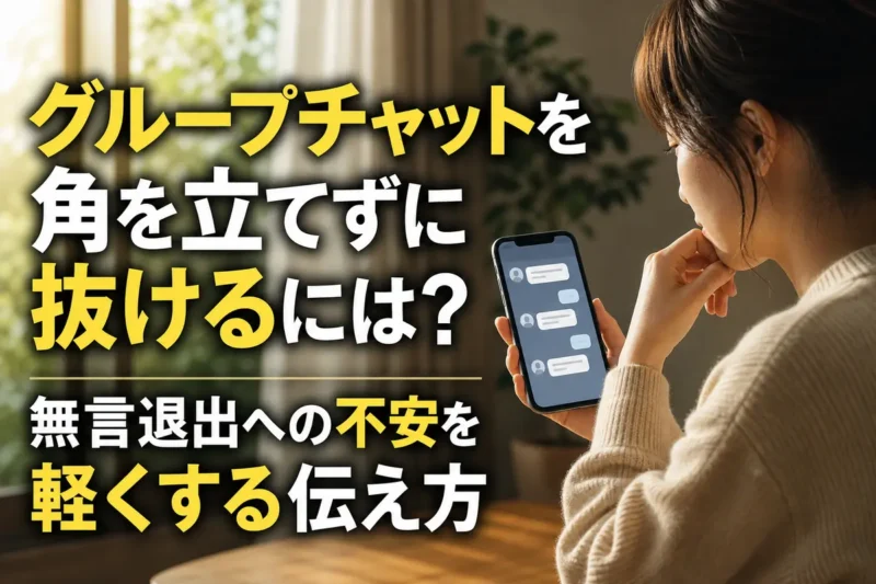 グループチャットを退会する前にスマートフォンを見ながら考える人。