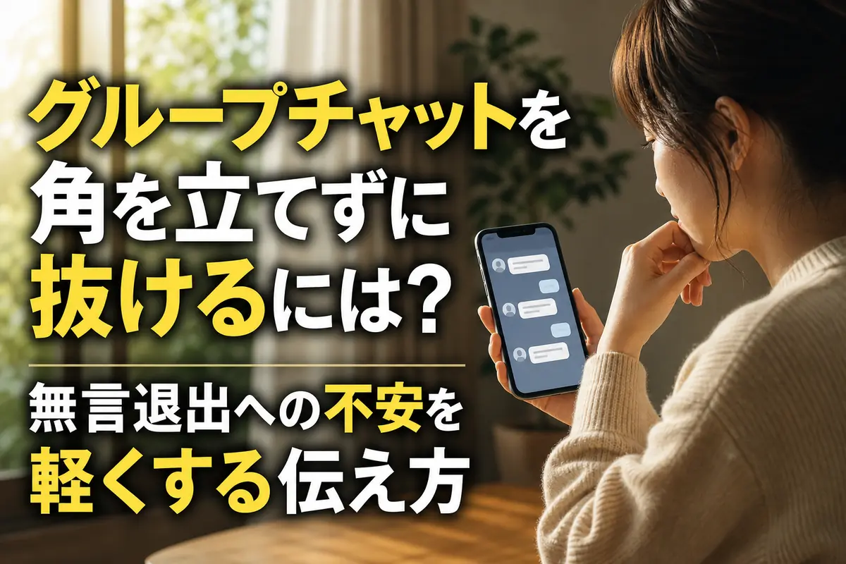 グループチャットを退会する前にスマートフォンを見ながら考える人。