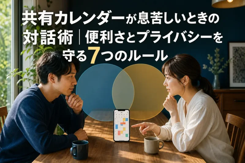 共有カレンダーを見ながら予定の共有範囲を話し合うカップル。
